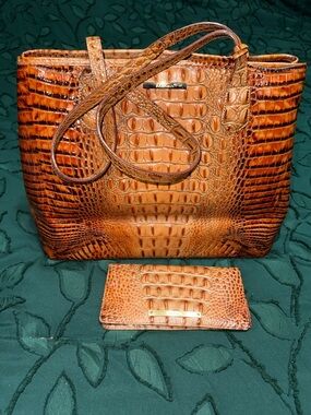 Brahmin Croc-Embossed Leather Tote and Wallet - Cognac Brown